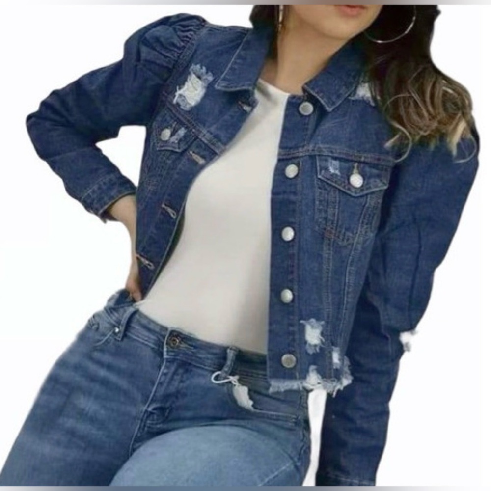Women's Distressed Puff Long-Sleeve Cropped Denim Jacket - Size L